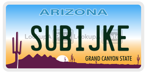 SUBIJKE license plate in Arizona