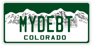 MYDEBT license plate in Colorado