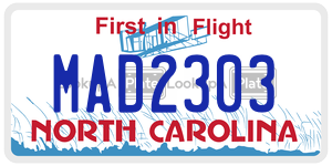 MAD2303 license plate in North Carolina