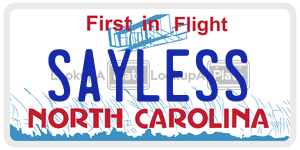 SAYLESS license plate in North Carolina
