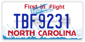 TBF9231 license plate in North Carolina