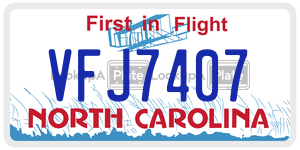 VFJ7407 license plate in North Carolina