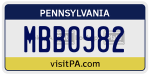 MBB0982 license plate in Pennsylvania