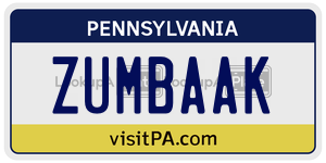 ZUMBAAK license plate in Pennsylvania