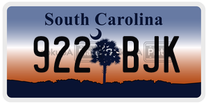 922BJK license plate in South Carolina