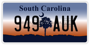 949AUK license plate in South Carolina