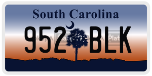 952BLK license plate in South Carolina