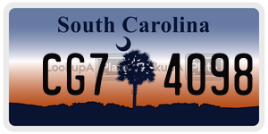 CG74098 license plate in South Carolina