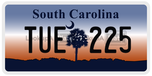 TUE225  license plate in SC