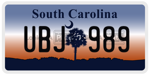 UBJ989 license plate in South Carolina