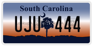 UJU444 license plate in South Carolina