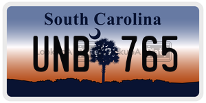 UNB765  license plate in SC