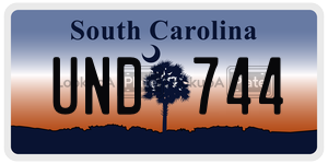 UND744 license plate in South Carolina