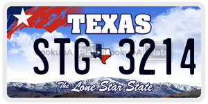STG3214 license plate in Texas